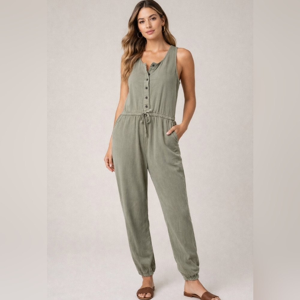 Silver Jeans Olive Green Sleeveless Button-Front Jumpsuit